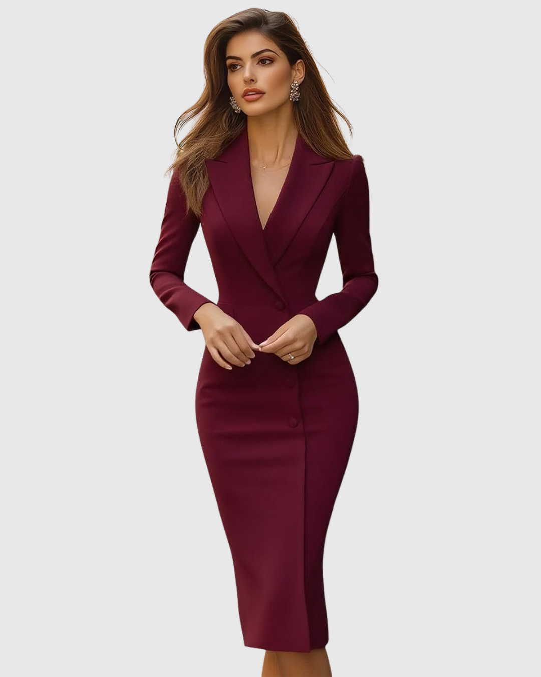 Elegancka sukienka midi damska – marynarkowa, dopasowana