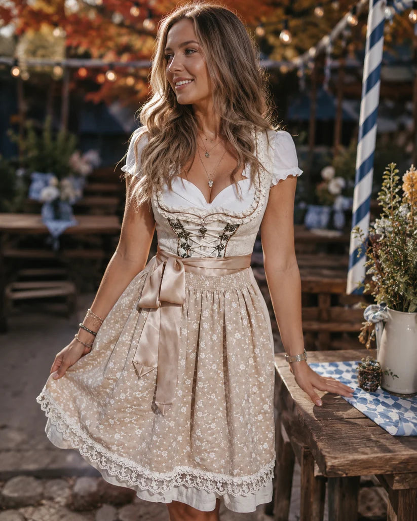 Sukienka dirndl damska – bawełna, beżowa, tradycyjna na Oktoberfest