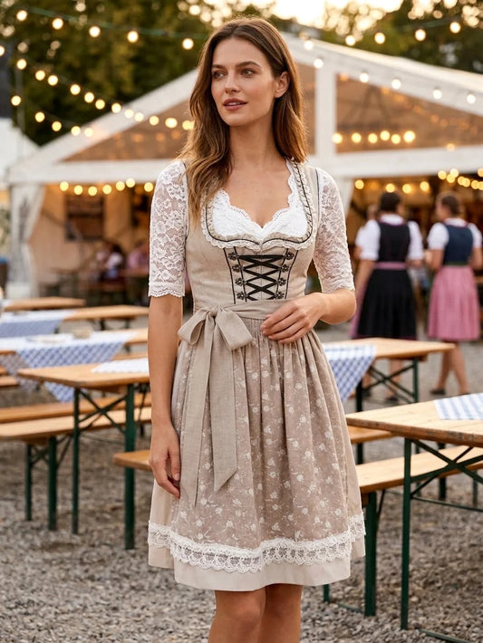 Komplet dirndl damski – 3-częściowy zestaw bawełniany z fartuszkiem i bluzką
