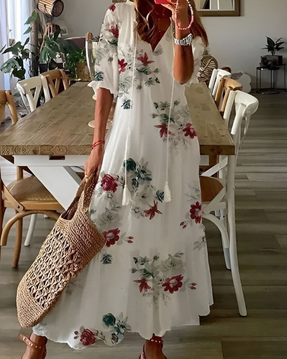 Boho sukienka plażowa damska – zwiewna, z frędzlami
