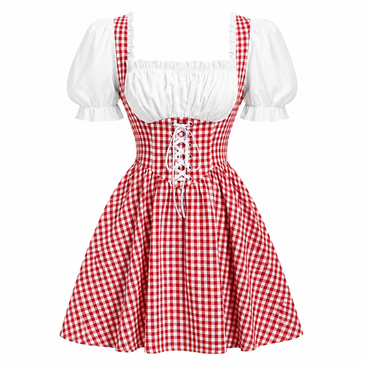 Damska sukienka dirndl w kratę z bawełny – błękitna, na Oktoberfest