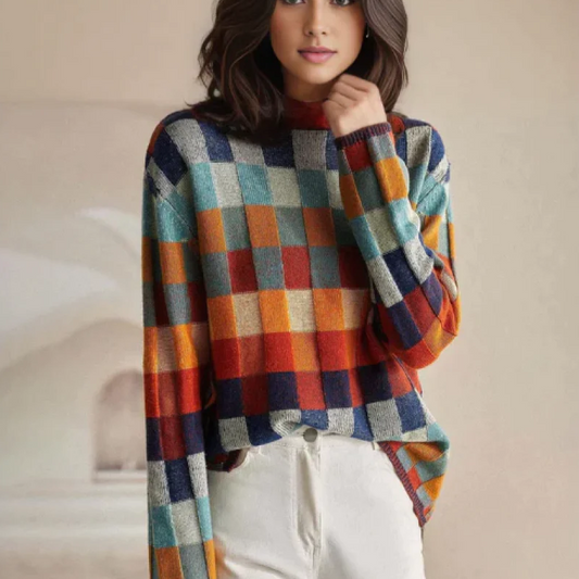 Sweter damski z golfem – kolorowy wzór