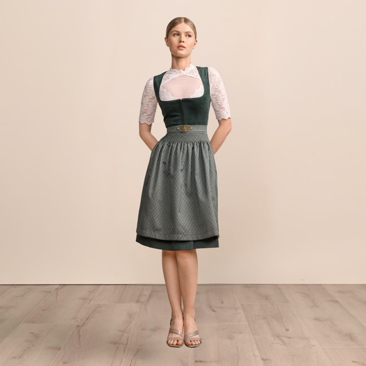 Sukienka dirndl damska z aksamitnym gorsetem – bawełna, ciemnozielona, na Oktoberfest