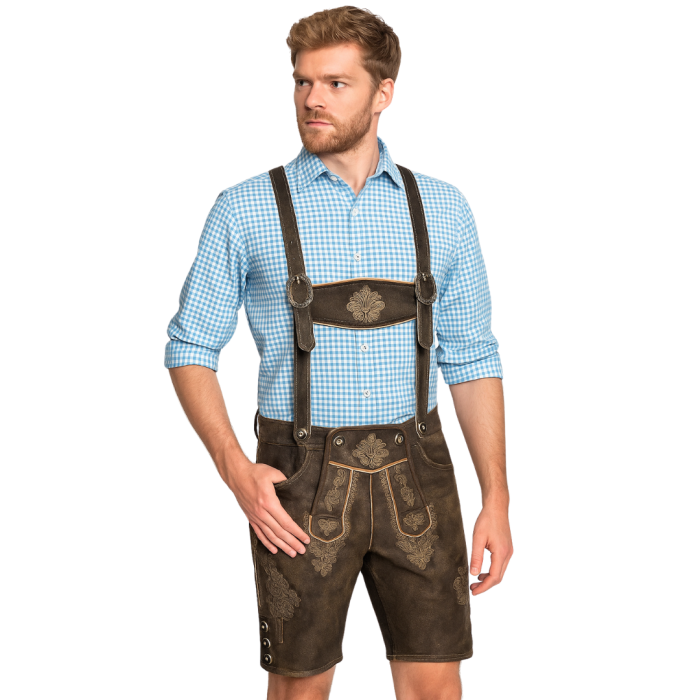 Skórzane spodnie lederhosen z szelkami – ujęcie z przodu