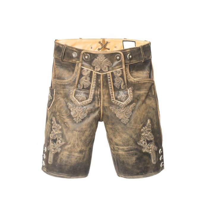 Skórzane spodnie lederhosen męskie – skóra bydlęca, krótkie, na Oktoberfest
