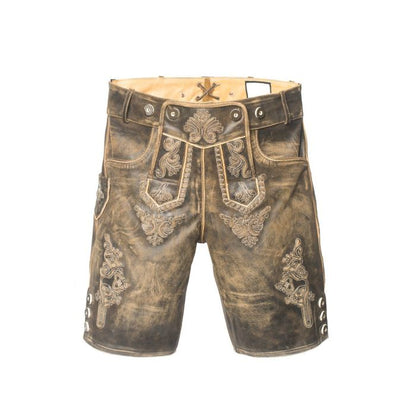 Skórzane spodnie lederhosen męskie – skóra bydlęca, krótkie, na Oktoberfest