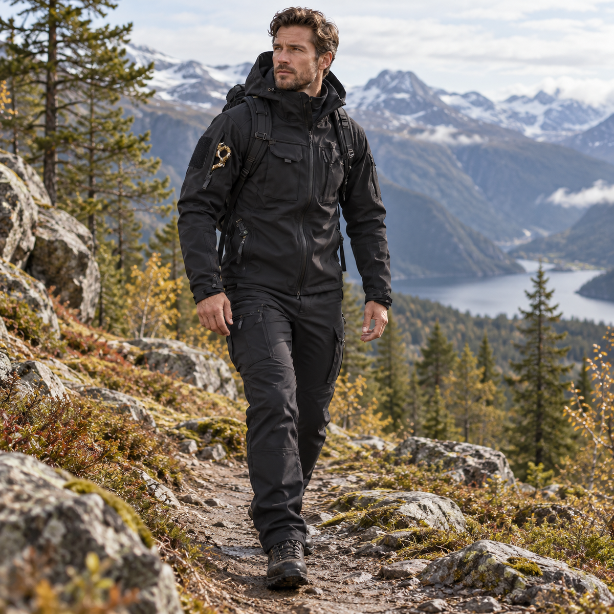 Komplet męski outdoorowy – poliamid, softshell, wiatro- i wodoodporny