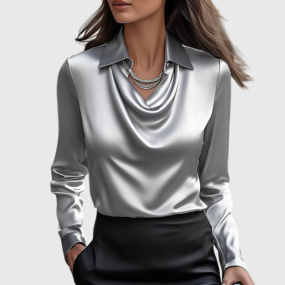 Elegancka satynowa bluzka damska – zwiewna, z plisowanym dekoltem