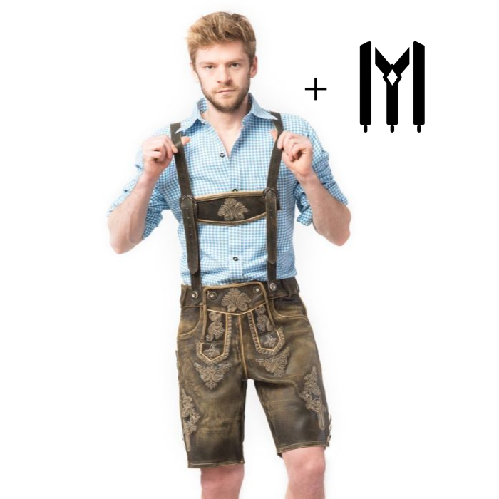 Krótkie spodnie lederhosen ze skóry bydlęcej – detal