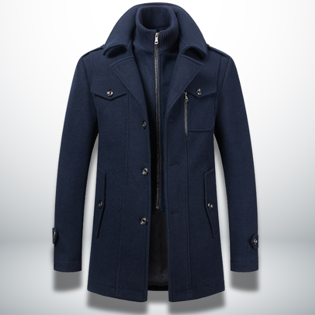 Męski wełniany płaszcz smart casual – na guziki, granatowy
