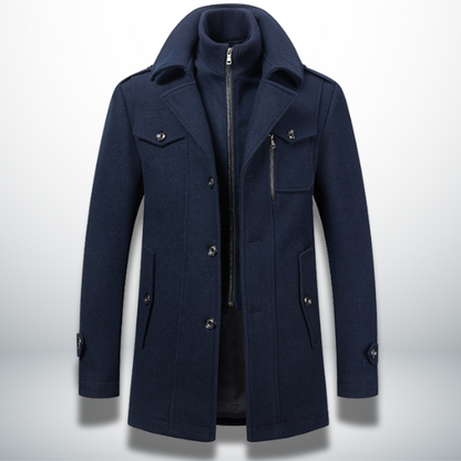 Męski wełniany płaszcz smart casual – na guziki, granatowy