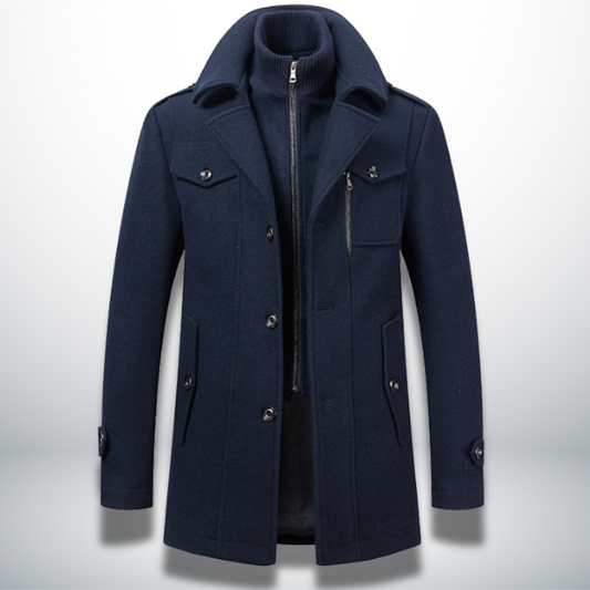 Męski wełniany płaszcz smart casual – na guziki, granatowy