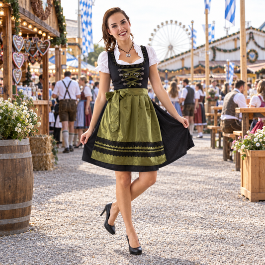 Sukienka dirndl damska z bluzką – bawełna, czarno-oliwkowa, na Oktoberfest