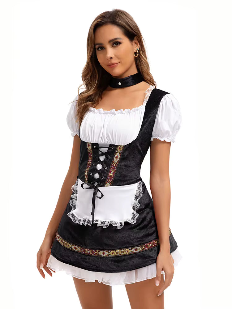 Sukienka dirndl damska ze sznurowanym gorsetem – bawełna, z bufiastymi rękawami, na Oktoberfest
