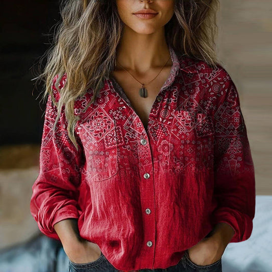 Bluzka damska boho – z nadrukiem, na guziki, z kołnierzykiem