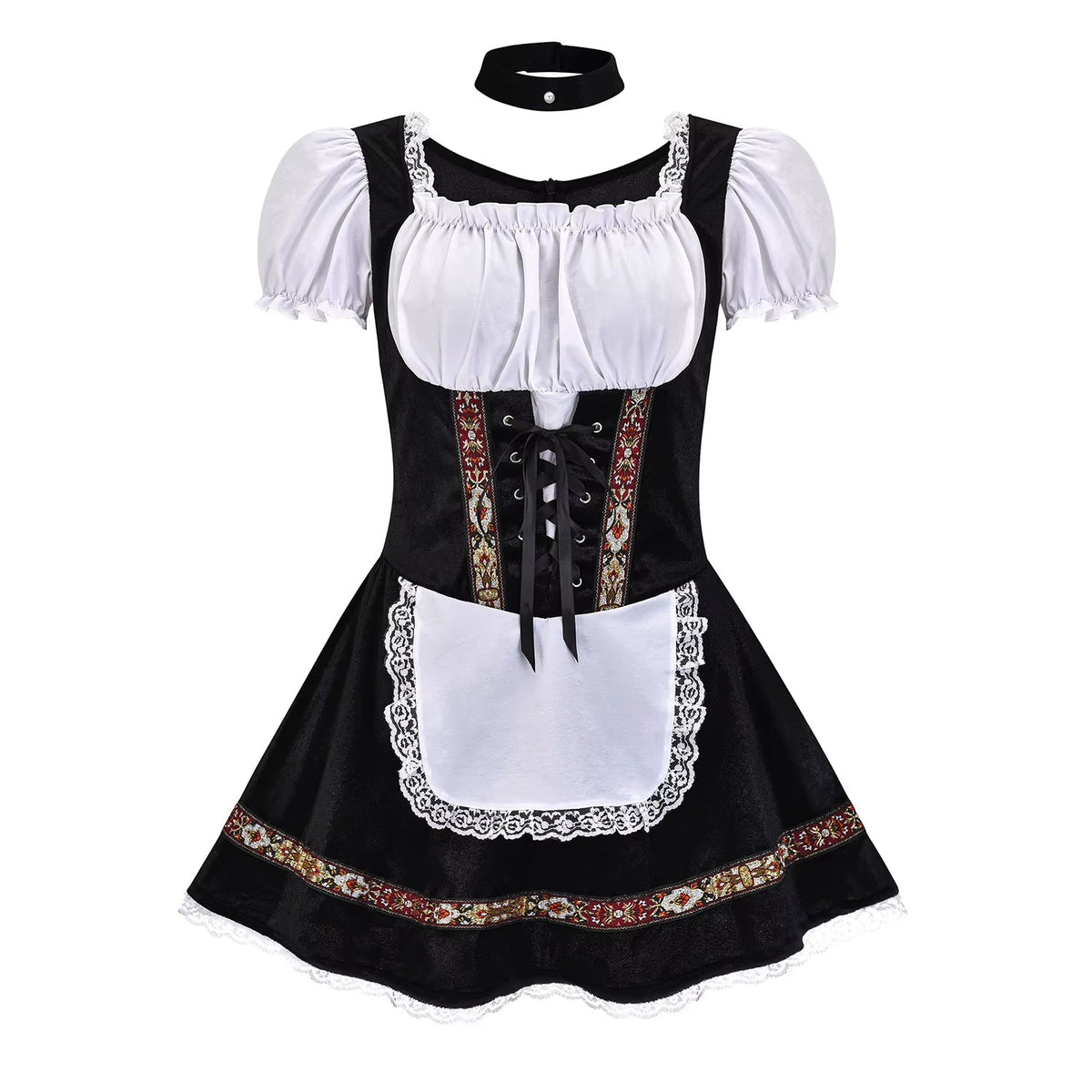 Sukienka dirndl damska ze sznurowanym gorsetem – bawełna, z bufiastymi rękawami, na Oktoberfest