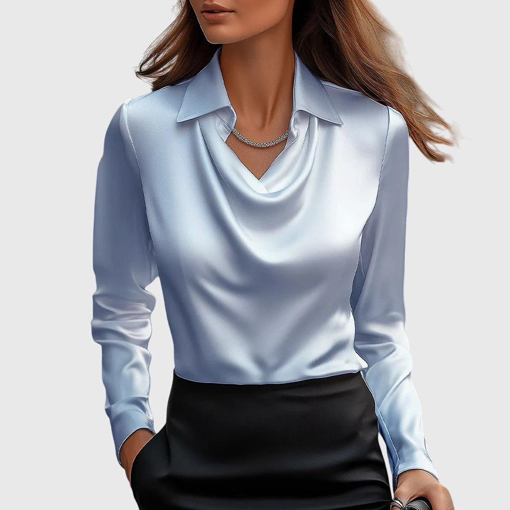 Elegancka satynowa bluzka damska – zwiewna, z plisowanym dekoltem