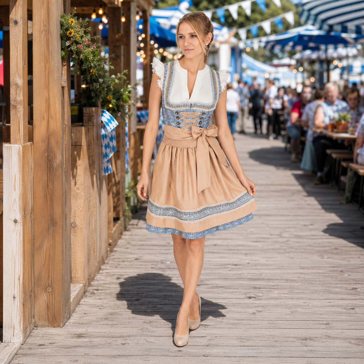 Sukienka dirndl mini damska – bawełna, jasnoniebieska, komplet 2-częściowy