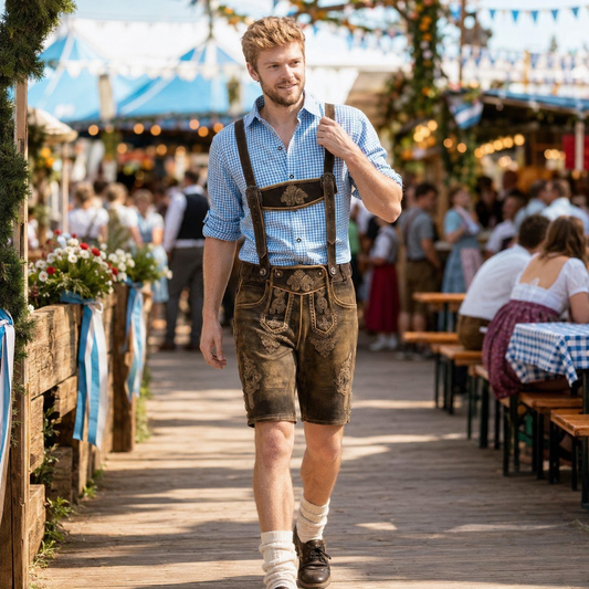 Skórzane spodnie lederhosen męskie – skóra bydlęca, krótkie, na Oktoberfest