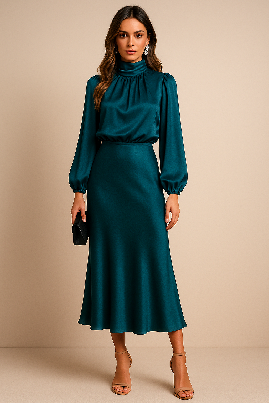 Sukienka midi damska z wysokim stanem – z golfem, elegancka