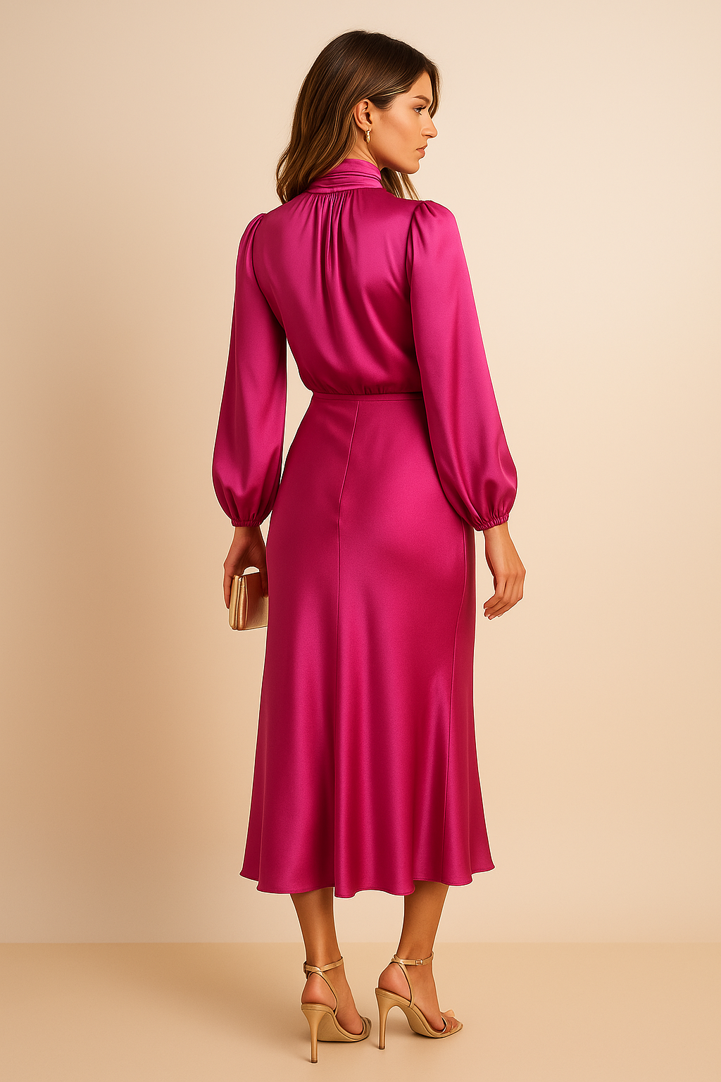Sukienka midi damska z wysokim stanem – z golfem, elegancka