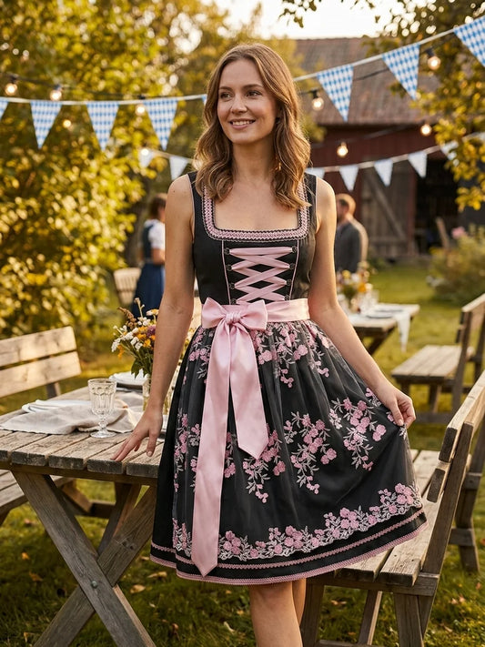 Sukienka dirndl damska w kwiaty – bawełna, czarna, na Oktoberfest