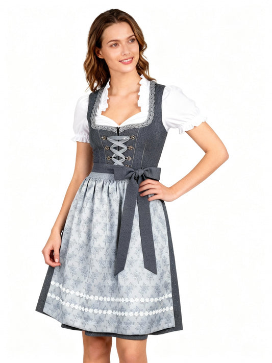 Damska sukienka dirndl z fartuszkiem – bawełna, ciemnoszara, na Oktoberfest