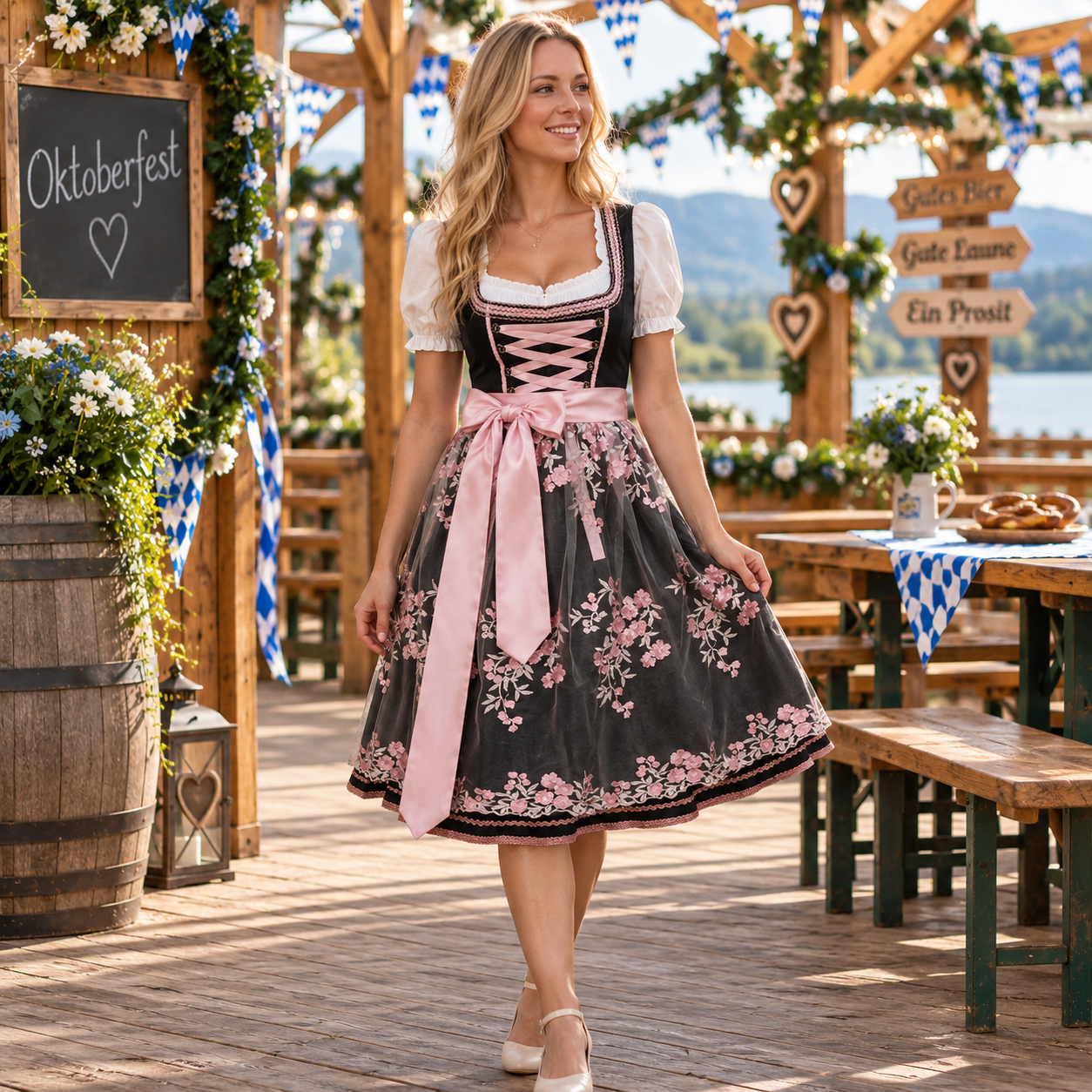 Sukienka dirndl damska ze sznurowanym gorsetem – bawełna, w kwiaty, na Oktoberfest