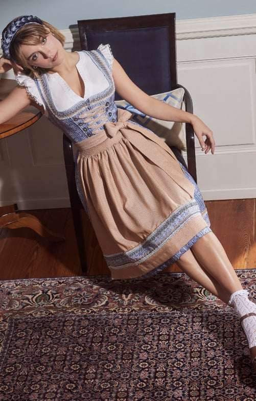 Sukienka dirndl mini damska – bawełna, jasnoniebieska, komplet 2-częściowy