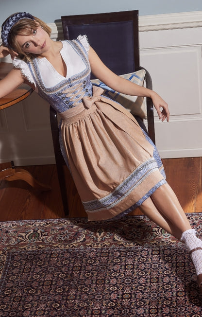Sukienka dirndl mini damska – bawełna, jasnoniebieska, komplet 2-częściowy