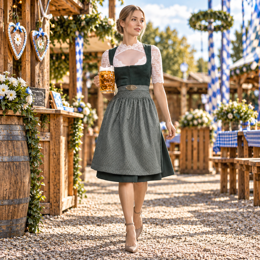 Sukienka dirndl damska z aksamitnym gorsetem – bawełna, ciemnozielona, na Oktoberfest