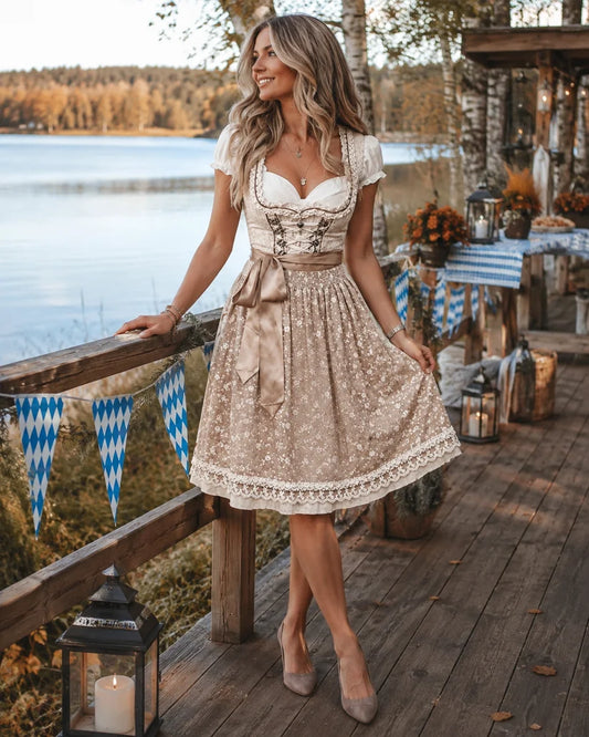 Sukienka dirndl damska – bawełna, beżowa, tradycyjna na Oktoberfest