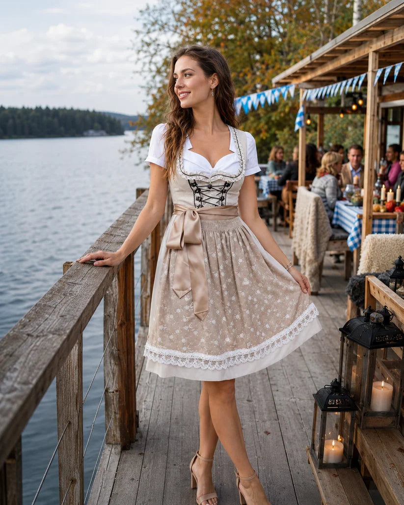 Komplet dirndl damski – 3-częściowy zestaw bawełniany z fartuszkiem i bluzką
