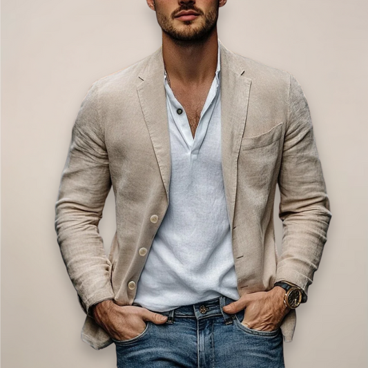 Męska marynarka casual z lnu – beżowa, letnia
