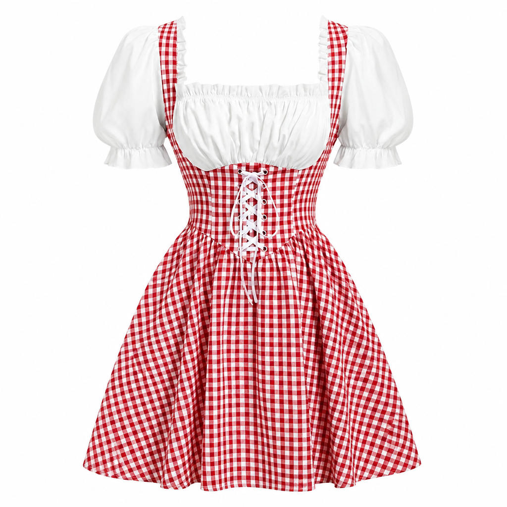 Damska sukienka dirndl w kratę z bawełny – błękitna, na Oktoberfest