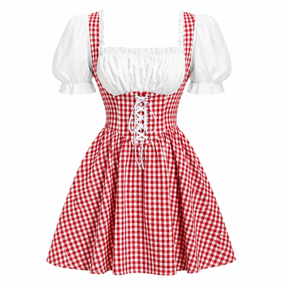 Sukienka dirndl damska w kratę – bawełna, na Oktoberfest, z bufiastymi rękawami