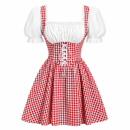 Damska sukienka dirndl w kratę z bawełny – błękitna, na Oktoberfest