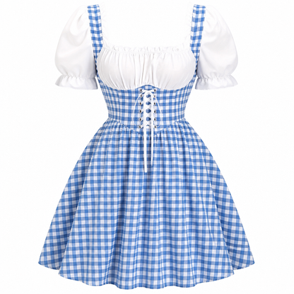 Sukienka dirndl damska w kratę – bawełna, na Oktoberfest, z bufiastymi rękawami