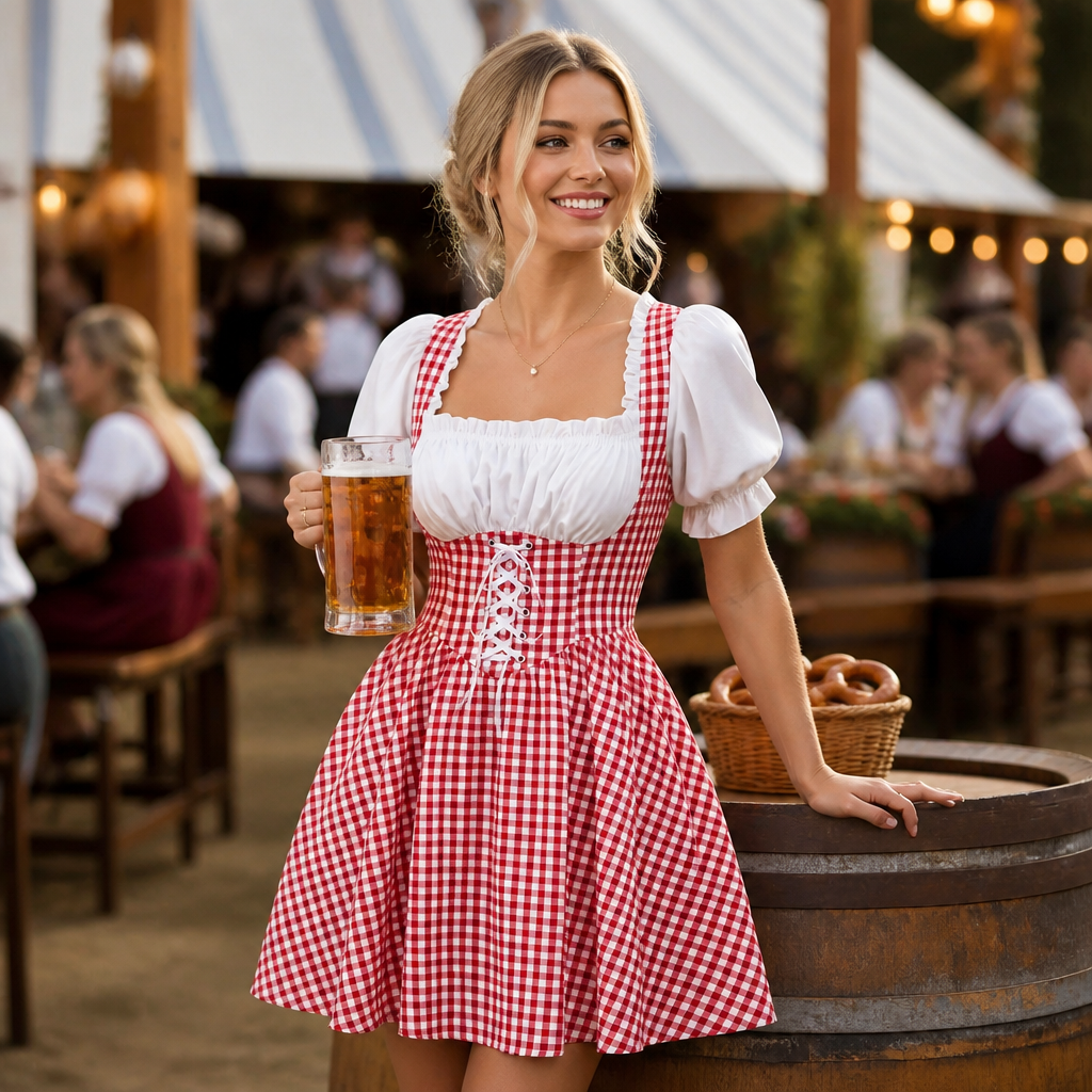 Sukienka dirndl damska w kratę – bawełna, na Oktoberfest, z bufiastymi rękawami