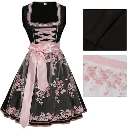 Sukienka dirndl damska w kwiaty – bawełna, czarna, na Oktoberfest