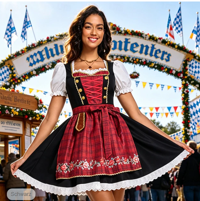 Damska sukienka dirndl komplet midi – czerwona, dekolt w serek, na Oktoberfest