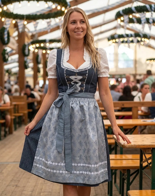 Sukienka dirndl damska – bawełniany komplet z fartuszkiem i bluzką, na Oktoberfest