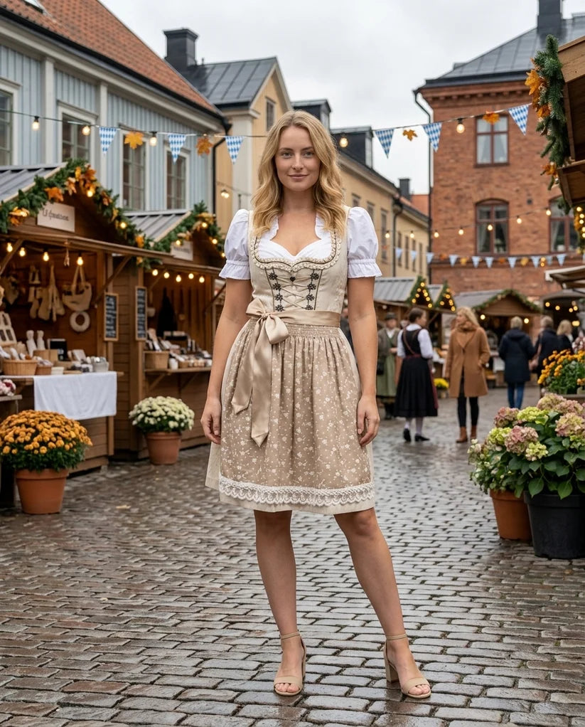 Sukienka dirndl damska – bawełniany komplet z fartuszkiem i bluzką, na Oktoberfest
