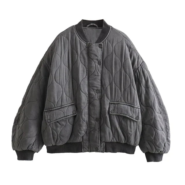 Damska kurtka bomber oversize z poliamidu – szara, pikowana