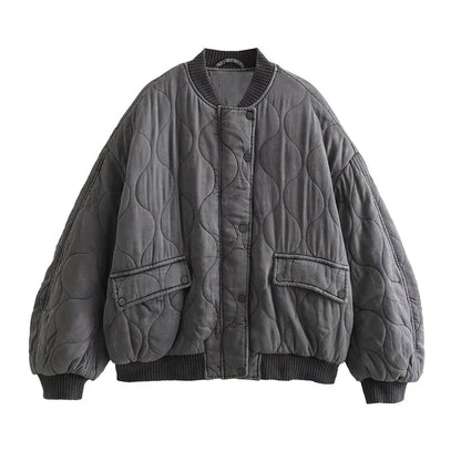 Damska kurtka bomber oversize z poliamidu – szara, pikowana