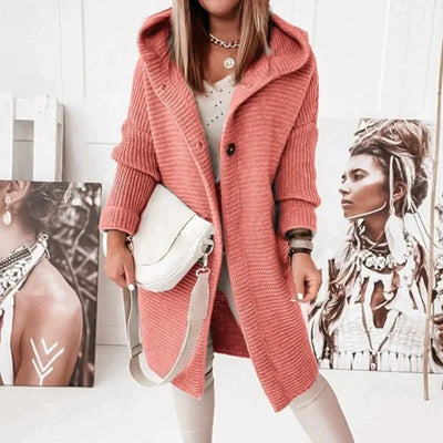 Długi kardigan z kapturem – ciepły, dzianinowy