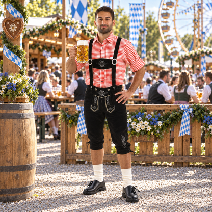 Skórzane lederhosen z szelkami H – ujęcie z przodu