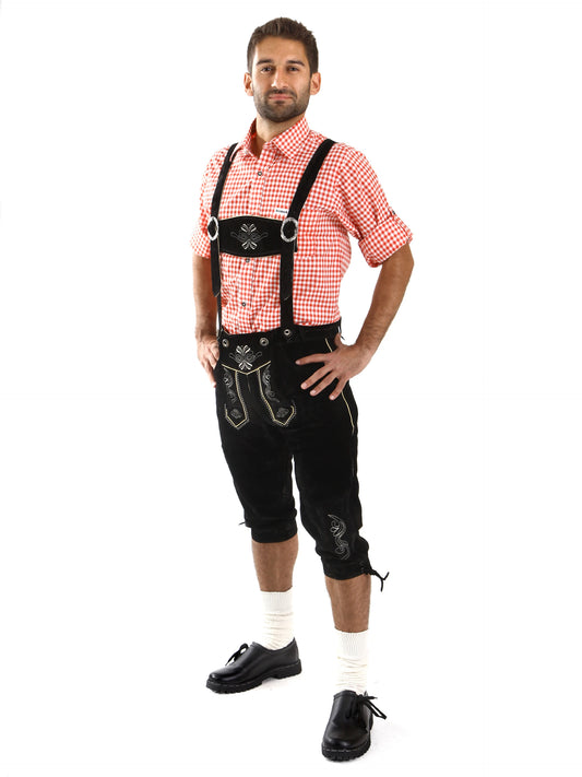 Męskie skórzane spodnie lederhosen z zamszu bydlęcego – czarne, do kolan