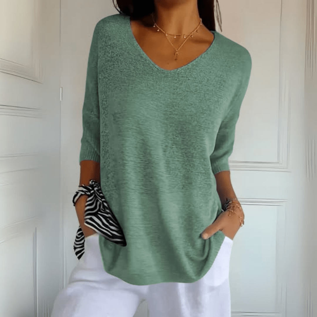 Sweter damski z dekoltem V – rękaw 3/4