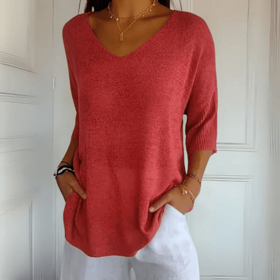 Dzianinowy sweter z dekoltem V – luźny, rękaw 3/4